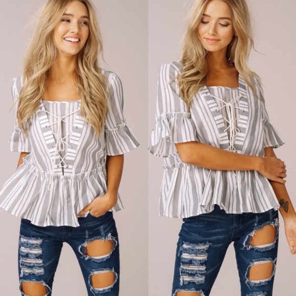 Bellanblue Tops - TRACEE Lace up Top - Grey   